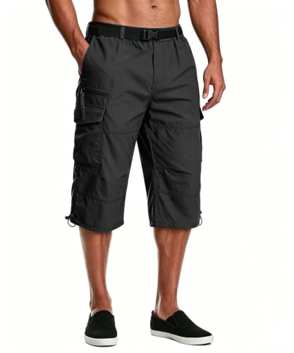 MAGCOMSEN Herr cargoshorts casual 3/4 längd säckiga stridsbyxor elastisk midja med flera fickor, Svart, 48
