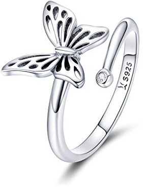 Anello a fascia regolabile in argento Sterling 925 con farfalla e farfalla, per donne e ragazze, Oro bianco, Zirconia cubica