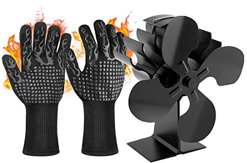 LTLWSH Ventilador Estufa de 4 Cuchillas, Ventilador para Estufa de Leña Calor Accionado con Guantes para Horno Ecológico Operación Silenciosa, para Estufa de Leña/Estufa/Chimenea,Negro
