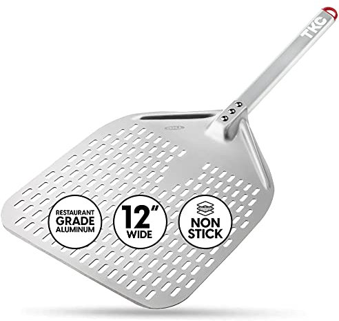 TKC Perforated Pizza Peel 12 Inch - Long Handle Perforated Aluminum Pizza Paddle - Lightweight Pizza Turning Peel Spatula - Compatible with all Ooni Pizza Ovens - 26 Inch Overall Length (Silver/Gray)