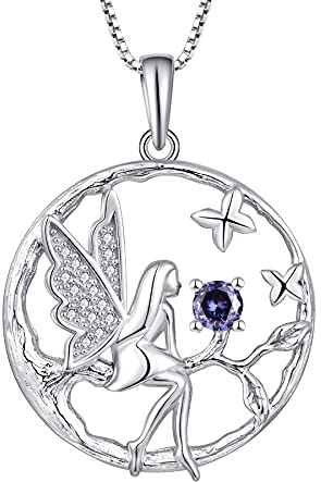FJ Schutzengel Halskette Anhänger 925 Sterling Silber Engel Kette Damen Fee Schmetterling Baum des Lebens Halskette mit Geburtsstein Zirkonia Schmuck Geschenke für Frauen Mädchen