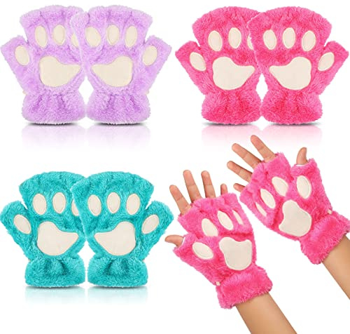 Geyoga 3 Pares Guantes de Pata de Gato León sin Dedos (Rosa, Morado, Azul Pavo Real)