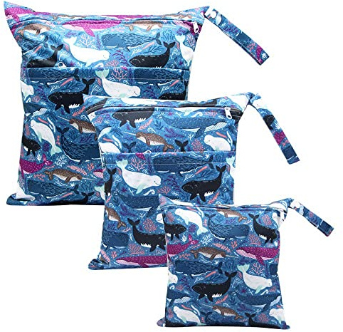 Treer 3 Stück Windeltasche für Unterweg, Stoffwindeln Nasstaschen Baby Wetbag Wiederverwendbar Wasserdicht Waschbar Neugeboren Windeln Organizer Beutel mit Reißverschluss (Korallen Wal)