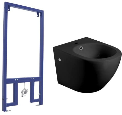 Pack Bidet Suspendido Cerámico de Baño Con Bastidor para Bidé | Bidé al Aire Fondo Reducido Sin Tapa Redondo Cerámico Moderno y Fácil Limpieza | Acompañado de Bastidor | Negro Mate