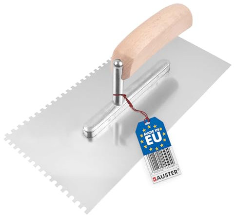BAUSTER® Edelstahl Glättkelle 270 x 130 mm Zahnkelle zum Verlegen Glättscheibe Traufel Robust Edelstahlkelle mit Holz griff unentbehrlich beim Fliesen Fliesenzubehör (4x4 mm)