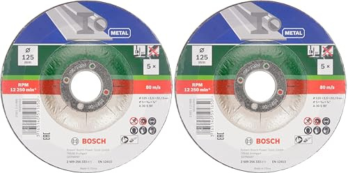 Bosch Trennscheibe (für Metall, Passend zu handgeführten Winkelschleifern mit einem Durchmesser der Trennscheiben von 125 mm, Zubehör Winkelschleifer) (5 Stück) 2er Pack