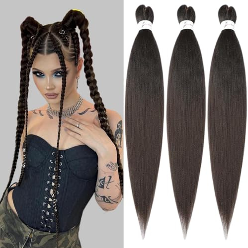 Kunsthaar zum Einflechten Pre Stretched Braiding Hair Braun 20 Zoll 3er Pack Braids Extensions Yaki Textur Einfach zu flechten für Anfänger Leichtes natürliches Haar für Box Braids Twists