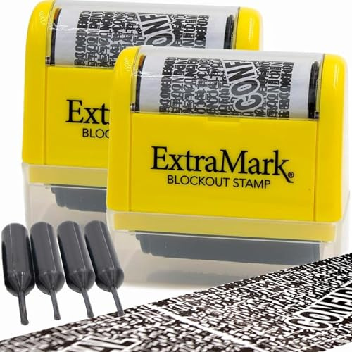 ExtraMark 2 Pack Identity Theft Protection Blockout Stamps - Roller Stamp with Four Replacement Ink Tubes - Yellow Unit