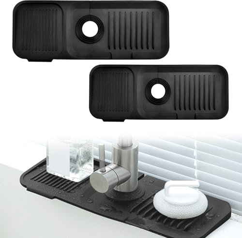 ADERTOS 2 PCS Silicone Faucet Mat Kitchen Sink Splash Guard Silicone Faucet Handle Drip Catcher Tray Faucet Draining Pad Drying Mat Around Tap for Kitchen Bathroom Countertop Worktop Protect (Black)