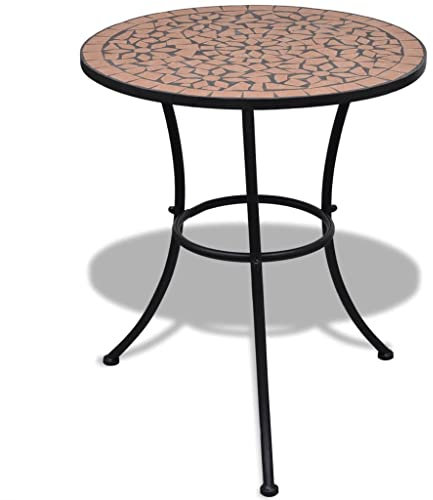 Coavain Bistrotisch Runder Mosaiktisch Metalltisch Kaffeetisch Gartentisch Klein Balkontisch wetterfes pflegeleicht für Balkon Garten Terrasse Wohnzimmer Braun 60x70 cm Höhe