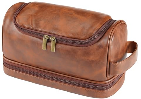 Sparklove Toiletry Bag for Men, Large Leather Shaving Kit, Travel Essentials, Gifts for Father, Dad, Boyfriend, Grandpa, Water-resistant Shaving Bag for Toiletries Accessories