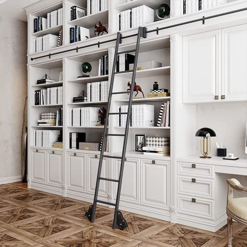 Rollleiter-Hardware-Bibliothek, Schiebeleiter-Hardware-Kit (ohne Leiter), Rundrohr-Mobilschienen-Kit, Schiebetür-Komplettset für Scheunentore für Zuhause/Innenbereich/Dachboden (Größe: 20 Fu