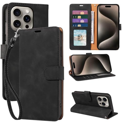 GOTOURED for iPhone 15 Pro Phone Case Wallet, RFID Blocking 4 Card Slots, Wrist Strap, Kickstand, Magnetic Closure, Shockproof Protective Soft Leather Flip Cover (Black)