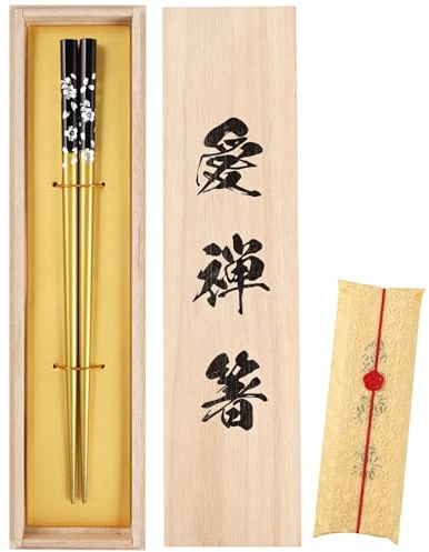 Wakasa-Nuri - Palillos de madera lacada, diseño de flor de cerezo Ginmai, caja de regalo de madera hecha a mano, hechos en Japón (dorado)