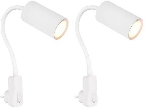 bmf-versand® Steckdosenlampe mit Schalter 2er Set - Nachtlicht Lampe Schlafzimmer - Nachttischlampe mit Schalter Wandmontage Weiß - Leselampe Kinder Wandleuchte mit Stecker Schwanenhals GU10