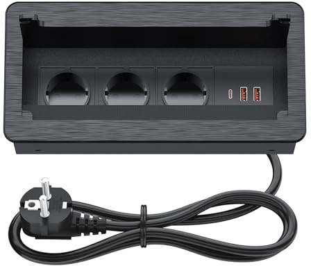 BQO 3-Fach versenkbare Steckdosenleiste mit 2 USB-C PD 20W und 1 USB-A, Aluminium Einbausteckdose mit,2m Kabel, Schwarz