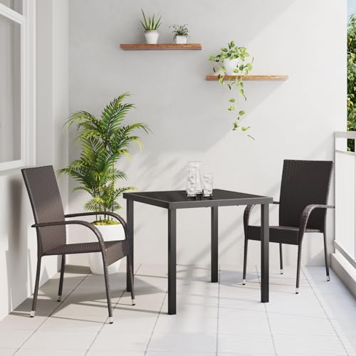 Qnhdfrt Braune 3-teilige Gartentischgruppe Rechteckig aus Synthetischem Poly-Rattan mit Stapelstühlen Wetterfeste Outdoor-Möbel für Balkon Garten Terrasse Modernes Design Robust und Langlebig