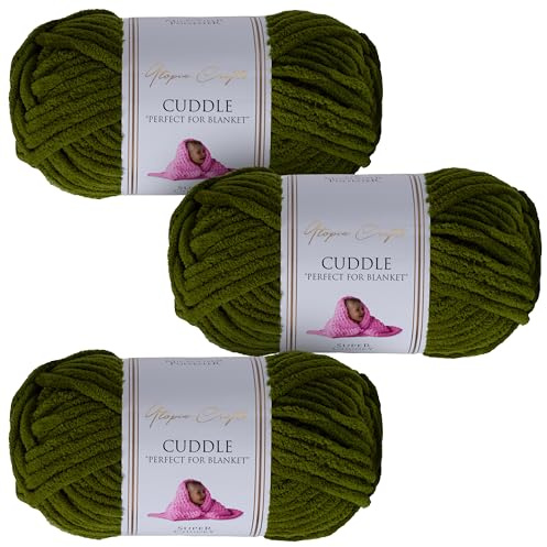 Utopia Crafts Cuddle Super Chunky Chenille mjukt garn för stickning och virkning 3 x 100 g (olivgrön)