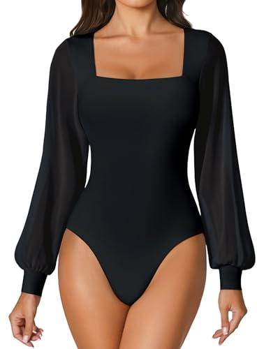 Avidlove Black Body Suit Women Mesh Sexy Square Neck Puff Long Sleeve Thong Bodysuit Party Outfits