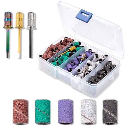 Nail Drill Bits Sanding Bands for Nail Drill, Lumcrissy Sanding Band with Storage Box,Include 250 Superfine Grinding Wheel Sand Bands and 3 Pieces Mandrel for Most Size 3/32 Nail Drill
