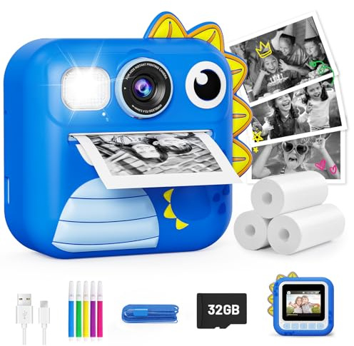 KOKODI Appareil Photo Instantané Enfant 3-12 Ans, Caméra Numérique Thermique sans Encre, Impression Rapide 3s, Vidéo 1080P, Écran 2,4 Pouces HD, MP3, Carte 8GB, Flash et Prise Retardée (Bleu)