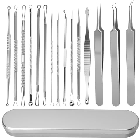 TMZELOA Set di spremiagrumi per comedoni, 15 pezzi, in acciaio inox, con scatola di conservazione, detergente per pori e pinzette per naso, mento e fronte