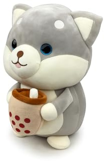 Generisch Plüsch-Hund 30 cm mit Bubble Tea – Süßes Kuscheltier Hund, Weiches Stofftier mit Becher, Geschenk für Kinder & Erwachsene, Deko für Sofa & Schlafzimmer (Grau)