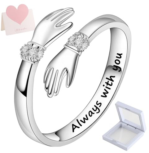 Sterling Silver Hug Ring for Mother's Day Mum Women, Adjustable Hugging Hands Open Ring With Card, Engraved Words Symbol of Love Spiritual Protection Gift for Daughter Mom Friend Sister Wife Birthday