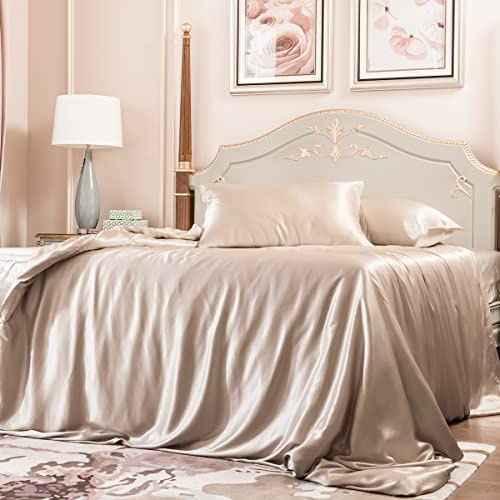 PROMEED 100% Mulberry Silk Duvet Cover Set 3PCS King Size, Real 23 Momme Grade 6A Silk Bedding Set with Duvet Cover and Pillowcases (Champagne, King)