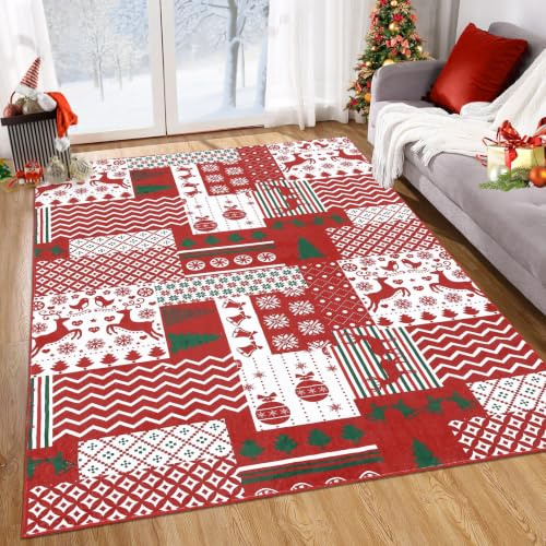 LuxFocus Tappeto natalizio grande, rosso, per soggiorno, camera da letto, antiscivolo, decorazione per la casa, lavabile in lavatrice, stile bohémien, design patchwork, 160 x 230 cm
