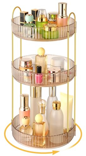 Otauoaea Organizador Maquillaje Giratorio 360 Grados, Organizador Perfumes y Cremas Gran Capacidad, Organizadores de Maquillaje Organizador Skincare para Tocador, Dormitorio, Baño (3 Capas, Ámbar)