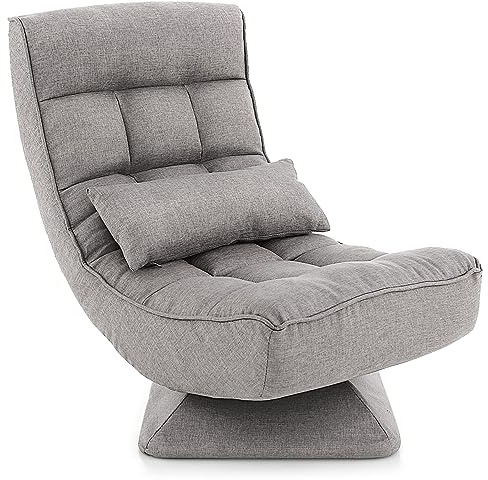 COSTWAY Chaise de Sol Pliable Réglable à 5 Positions, Fauteuil Rembourré Pivotante, avec Oreiller Lombaire, Fauteuil de Salon pour Méditer, Lire, se Reposer, sans Assemblage (Gris)