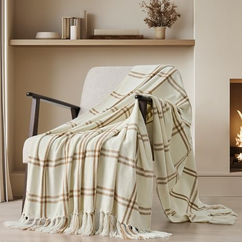 EverGrace Plaid Chenille Throw Blanket for Couch, Super Soft Cozy Decorative Windowpane Grid Plaid Throw with Tassels, Lightweight Chenille Knit Throw for Bed Sofa Gift, Cream & Beige 50x60