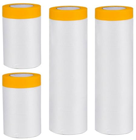 Boucoeeling Abdeckfolie Mit Klebeband, 4 Rollen à 90 Meter, Selbstklebende Malerfolie Transparent Als Staubschutz Und Spritzschutz Für Wände, Boden, Möbel Und Auto