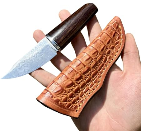 Obespina Petit Couteau Lame Acier Damas Suminagashi Japonais Collection Cadeau Homme Decoupe Tranchant Rasoir Étui Cuir Imitation Crocodile Bois d'Ébène Camping EDC Artisanat fixe Randonnée Forgé