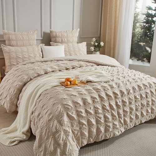 Luowei Parure de lit en seersucker avec housse de couette 200 x 220 cm et 2 taies d'oreiller 80 x 80 cm, beige, à carreaux, moelleuse, infroissable, pour l'été