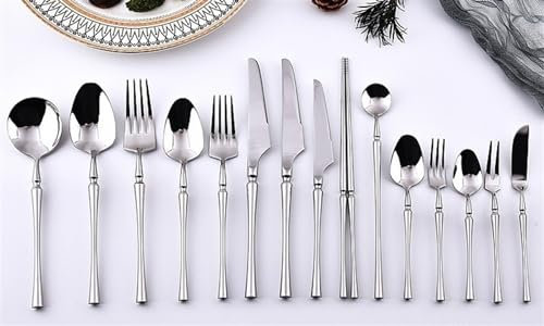 YJKKZQLB Posate in Argento, Set di Posate in Acciaio Inossidabile 304 da 15 Pezzi, Coltello da Bistecca, forchetta e Cucchiaio, Coltello da Dessert, Set di forchetta e Cucchiaio, Argento-1 Set