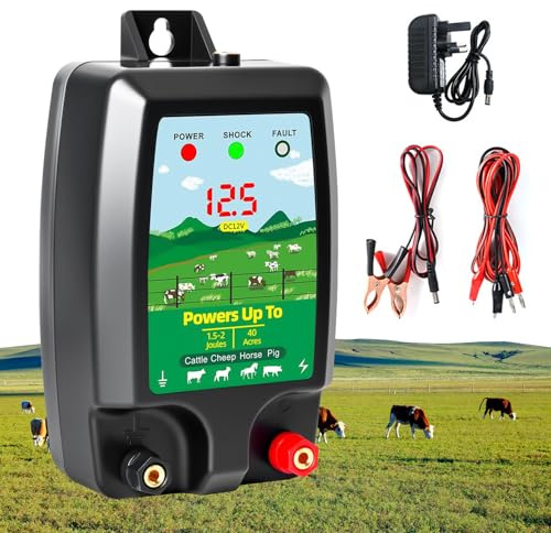 Jellybibo Electric Fence Energiser for Horses 12V, 10km Range 2J Output Waterproof Fence Charger, Electric Fence Tester for Livestock Sheep Cattle, High Voltage Pulse Controller