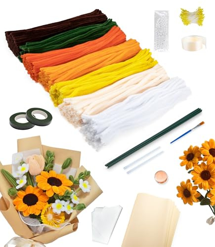 Nearockle 400 Stück Pfeifenreiniger zum Basteln，Pfeifenreiniger Blumen in 7 Farben，Pfeifenputzer Blumen Pipe Cleaner mit Grünem Bastelfaden Klebeband Staubblätter Weiteres Zubehör (Orange + Gelbe)