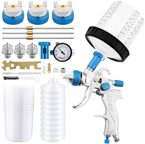 Kit di spruzzatori HVLP per vernice, Include 3 ugelli (1,4 mm, 1,7 mm, 2,0 mm), tazza in plastica da 600 ml e valvola di sicurezza per lo scarico della pressione（blu)