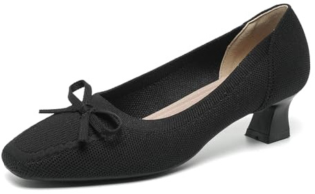 SWDZM Women's Bow Knitted Square Toe Cut Chunky Heel Classic Versatile High Heel Court Shoes,Black,UK 3.5