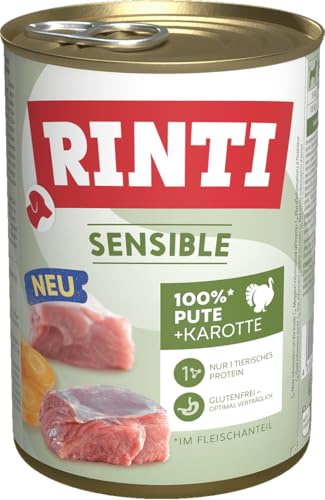 RINTI – Sensible | Våtfoder för känsliga och vuxna hundar med naturliga köttbitar. Spannmålsfritt helfoder i burken utan konstgjorda tillsatser | 12 x 400 g kalkon morot