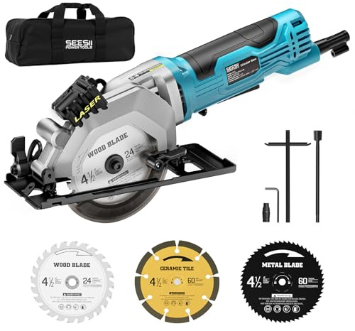 Seesii Mini Circular Saw with Laser Guide,4.8A 4000 RPM Compact Corded Circular Saw with Rip Guide,3 Blades (4-1/2) for Wood,Soft Metal,Tile,Plastic Cutting,Max Cut Depth 1-11/16(90°),1-1/8 (45°)