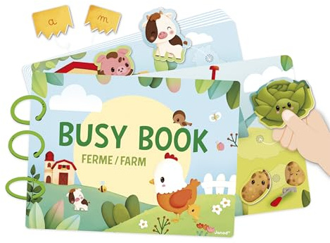 Janod - Busy Book Farm Tema - Fransk/Engelska - 18 sidor av aktiviteter för barn - Upptagen bräda och pedagogisk leksak för förskolebarn - Lärande siffror, alfabetet, djur - 3 år gammal+