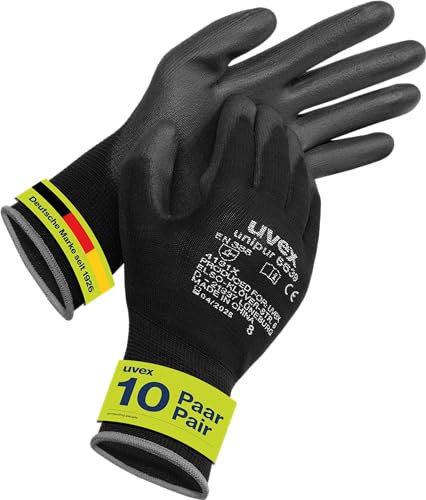 Uvex 10 pares de guantes de trabajo Unipur 6639 con recubrimiento de PU - Guantes de protección mecánica EN 388 - Talla 07/S