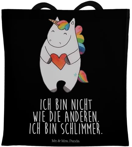 Mr. & Mrs. Panda Tote Bag Einhorn Herz - Geschenk, Tasche, Shopping, Einhörner, böse, Jutebeutel, Schultasche, Freundin, Lustig, Umhängetasche, Unicorn