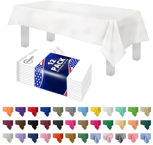 Grandipity 12 Pack Premium Disposable Plastic Tablecloth 54 Inch. x 108 Inch. with 0.3mm Thickness Table Cover - White