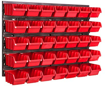Förvaringssystem, vägghylla, 576 x 390 mm, 35 st. lådor, stapelbara lådor, behållare, öppna lådor, extra starka väggplattor, utbyggbar hylla, verkstadshylla, förvaringshylla, hylla för verkstadsvägg, hylla