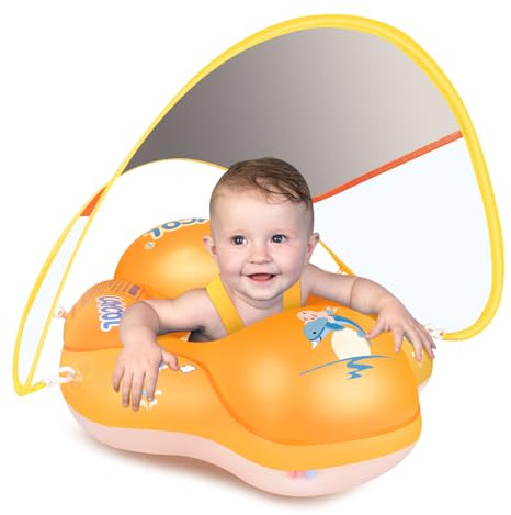 LAYCOL Baby Swimming Float Inflatable Baby Pool Float Ring with Sun Protection Canopy,add Tail no flip Over for Age of 3-36 Months (Orange, L)