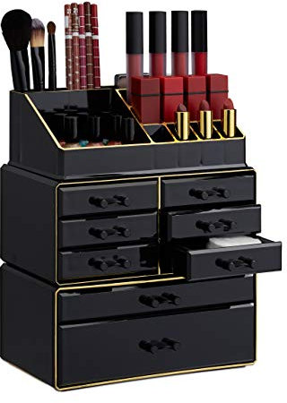 Relaxdays 1 x Make Up Organizer mit Schubladen, stapelbarer Schmuckkasten Make Up, Acryl Schminkaufbewahrung, schwarz-Gold